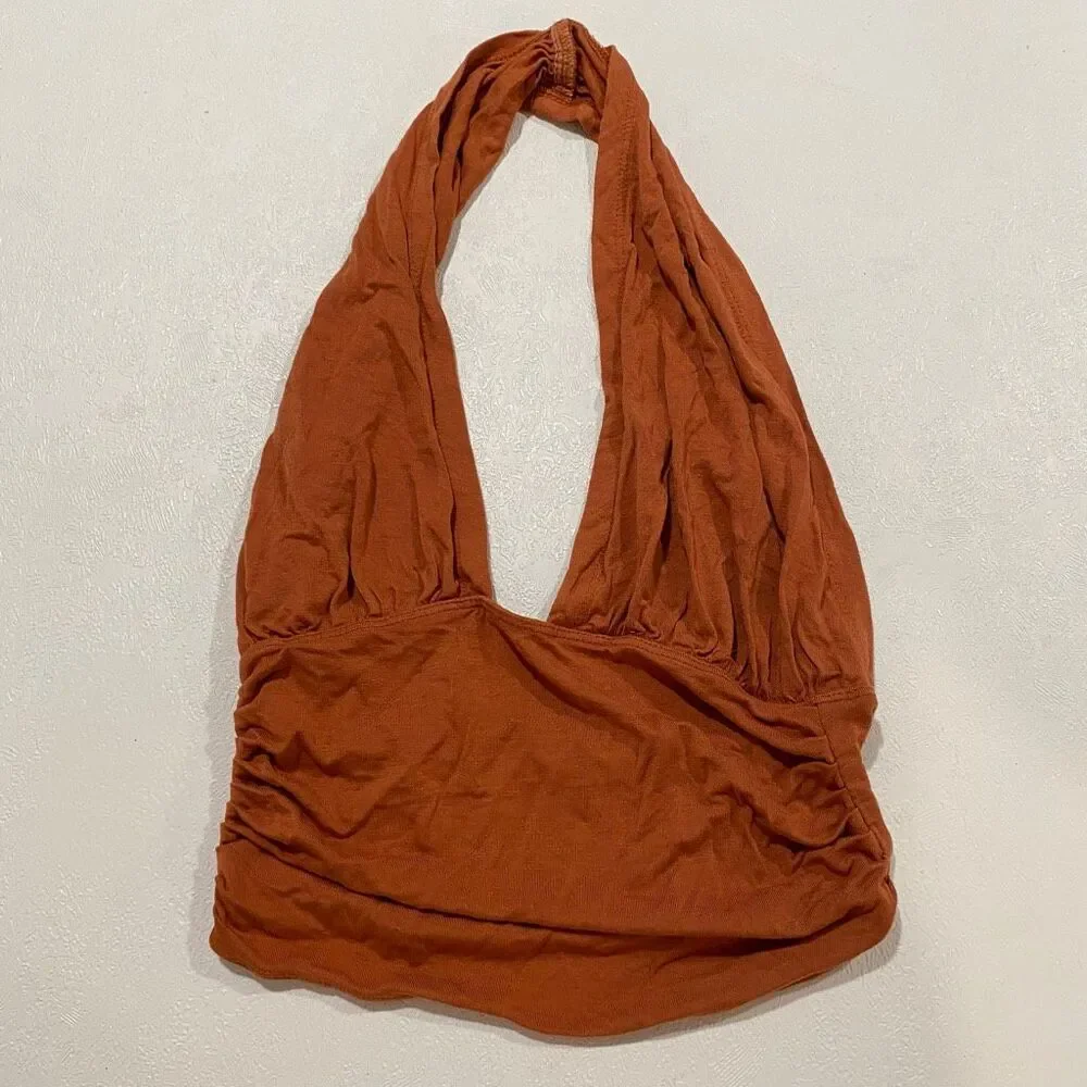 Free People FP One Rust Orange Halter Top S Plunge Ruched Y2K Boho
